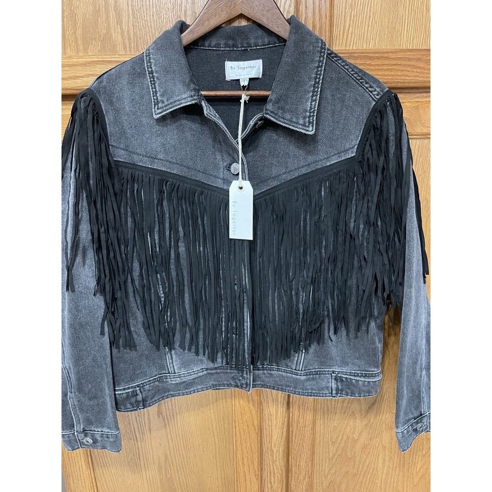 Denim Suede Fringe Jean Jacket Black Distressed Wash By‎ Together Women's Small